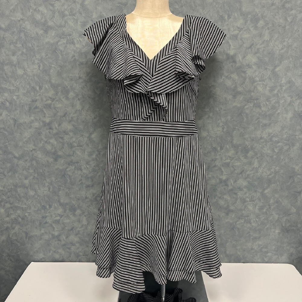 J.O.A. Striped Ruffle‎ Dress V-Neck Tie Waist Flounce Hem Black White S *FLAWS*